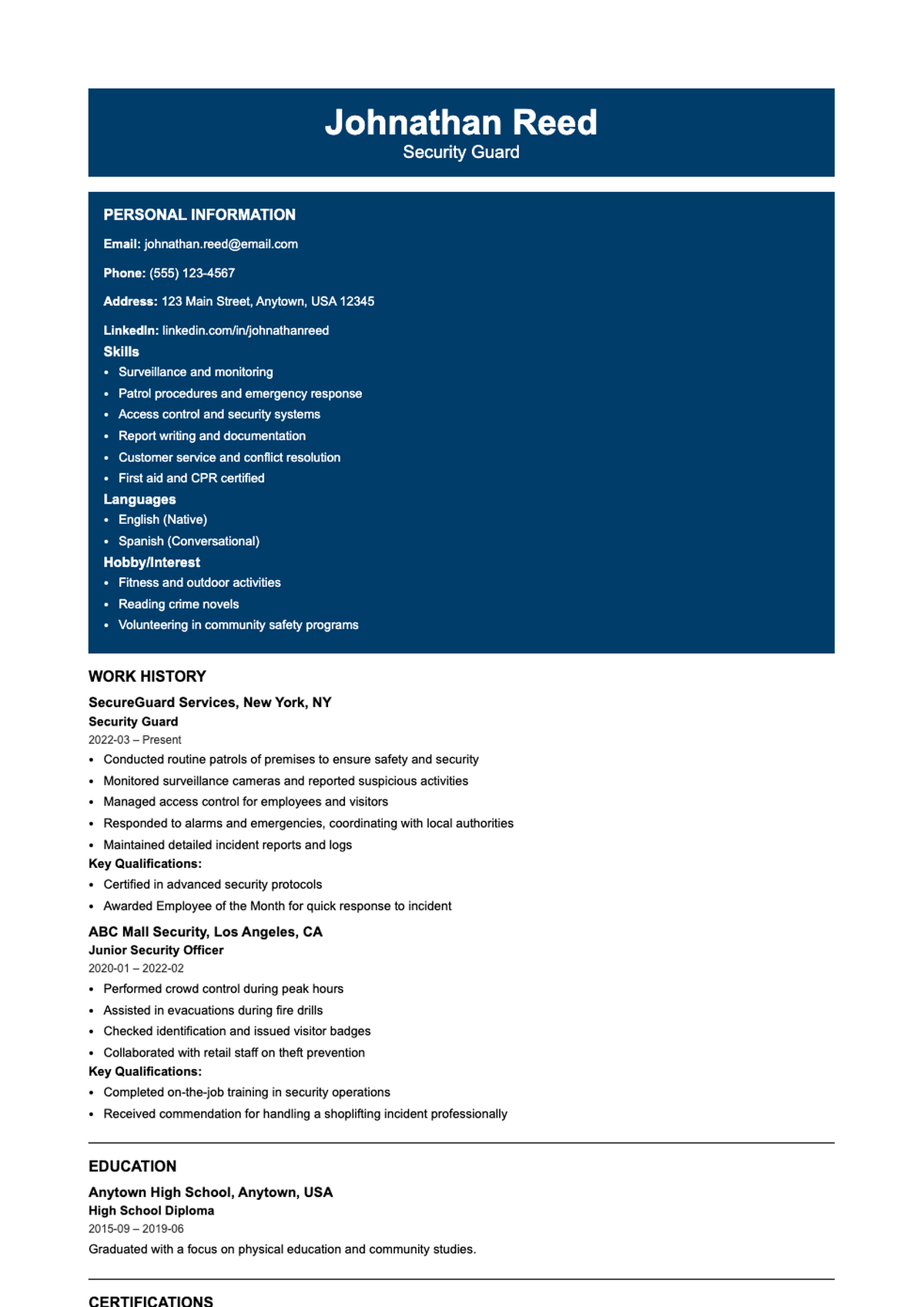 Professional security guard resume with blue sidebar and detailed work history_variant_1